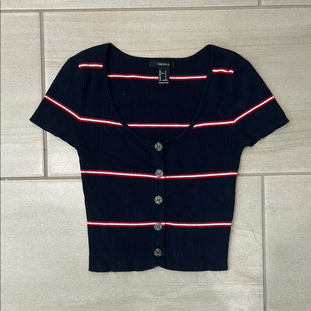 Black Ribbed Button-Up Top with Red and White Stripes
